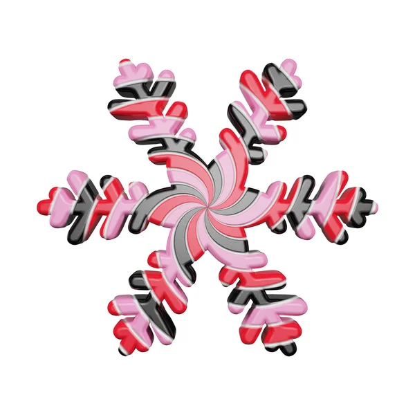 Festive snowflake in red, pink and black colors isolated on white background. Lollipop made of striped twisted caramel. 3d render. — Stock Photo, Image