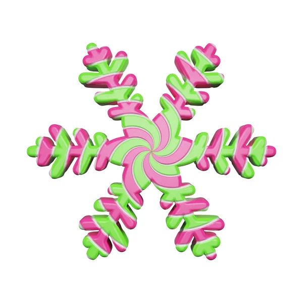 Festive snowflake in pink and green colors isolated on white background. Lollipop made of striped twisted caramel. 3d render. — Stock Photo, Image
