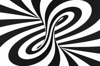 Siyah ve beyaz spiral tünel. Çizgili bükülmüş hipnotik optik yanılsama. Arka plan.