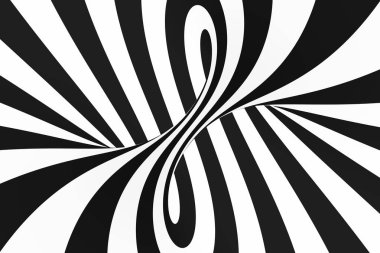 Siyah ve beyaz spiral tünel. Çizgili bükülmüş hipnotik optik yanılsama. Arka plan.
