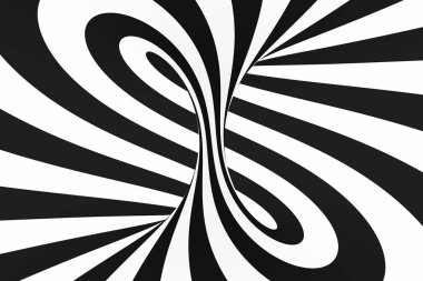 Siyah ve beyaz spiral tünel. Çizgili bükülmüş hipnotik optik yanılsama. Arka plan.