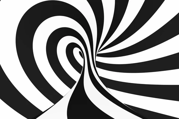 Tunnel en spirale noir et blanc. Illusion optique hypnotique tordue rayée. Contexte abstrait . — Photo