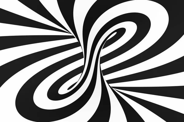 Black and white spiral tunnel. Striped twisted hypnotic optical illusion. Abstract background.