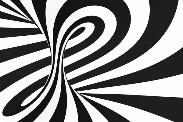 Black and white spiral tunnel. Striped twisted hypnotic optical illusion. Abstract background.