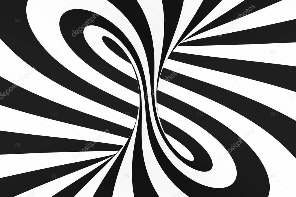 Black and white spiral tunnel. Striped twisted hypnotic optical illusion. Abstract background.