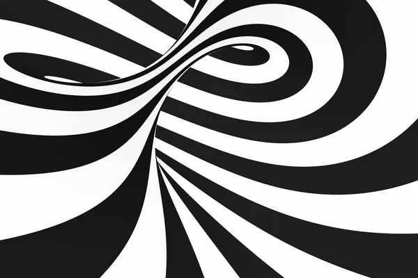 Tunnel a spirale bianco e nero. Illusione ottica ipnotica contorta a strisce. Sfondo astratto . — Foto Stock