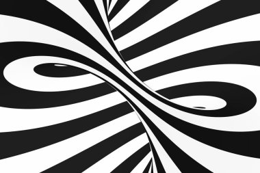 Siyah ve beyaz spiral tünel. Çizgili bükülmüş hipnotik optik yanılsama. Arka plan.