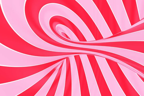 Christmas festive pink and red spiral tunnel. Striped twisted lollipop optical illusion. Abstract background. 3D render. — Stock Photo, Image