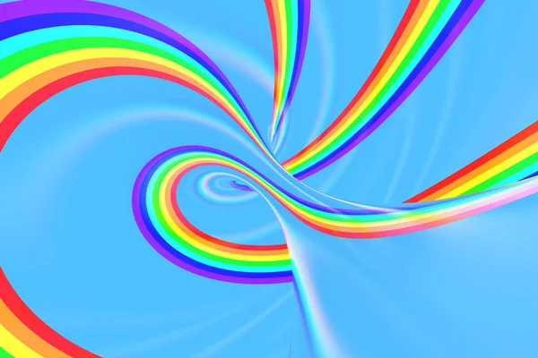 Rainbow in sky bright spiral tunnel. Striped twisted summer optical illusion. Abstract background. 3D render.