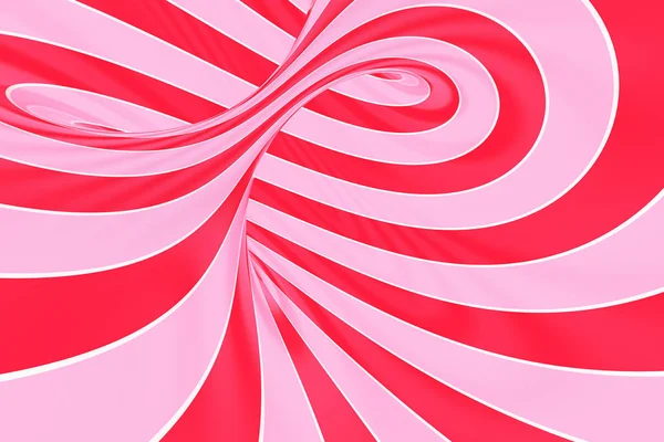 Noel şenlikli pembe ve kırmızı tünel spiral. Çizgili bükülmüş lolipop optik yanılsama. Arka plan. 3D render. — Stok fotoğraf