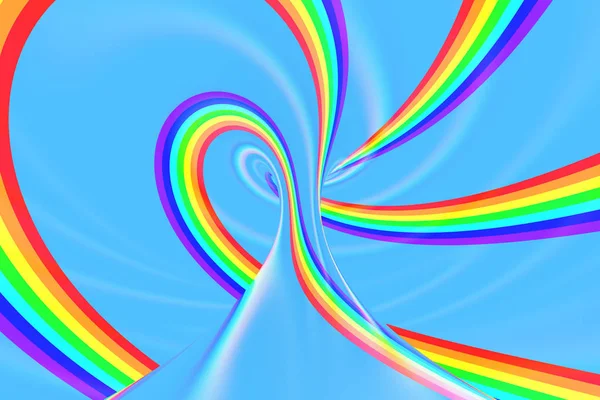 Arco iris en el cielo túnel espiral brillante. Ilusión óptica de verano retorcida a rayas. Fondo abstracto. Renderizado 3D . — Foto de Stock