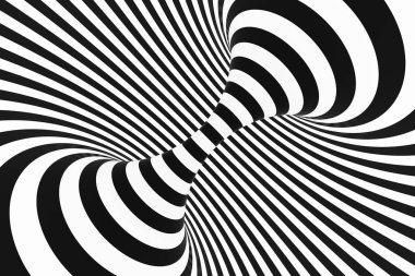 Siyah ve beyaz spiral tünel. Çizgili bükülmüş hipnotik optik yanılsama. Arka plan. 3D render.