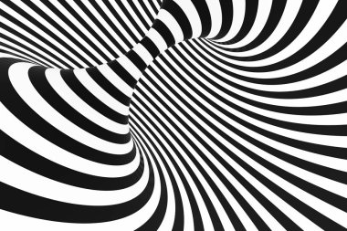 Siyah ve beyaz spiral tünel. Çizgili bükülmüş hipnotik optik yanılsama. Arka plan. 3D render.