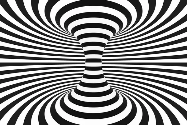 Túnel espiral blanco y negro. Ilusión óptica hipnótica retorcida a rayas. Fondo abstracto. Renderizado 3D . — Foto de Stock