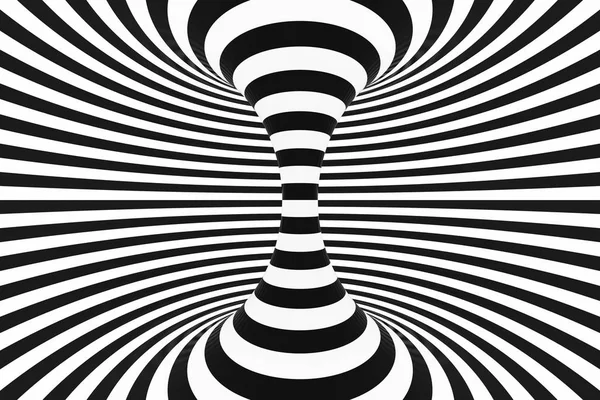 Schwarz-weißer Spiraltunnel. gestreifte verdrehte hypnotische optische Täuschung. Abstrakter Hintergrund. 3D-Darstellung. — Stockfoto