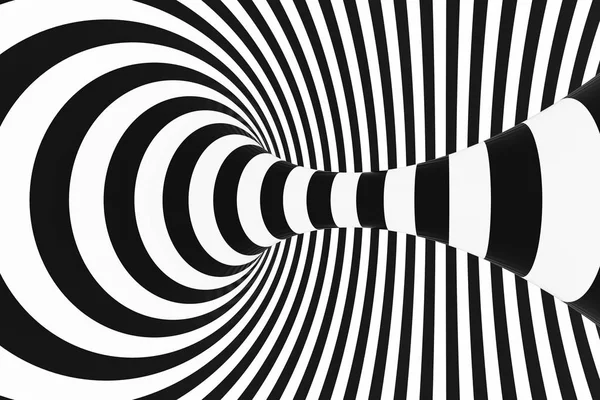 Black and white spiral tunnel. Striped twisted hypnotic optical illusion. Abstract background. 3D render.
