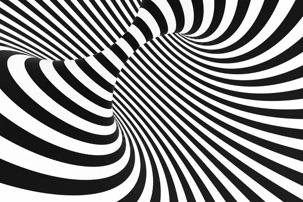 Tunnel en spirale noir et blanc. Illusion optique hypnotique tordue rayée. Contexte abstrait. rendu 3D . — Photo