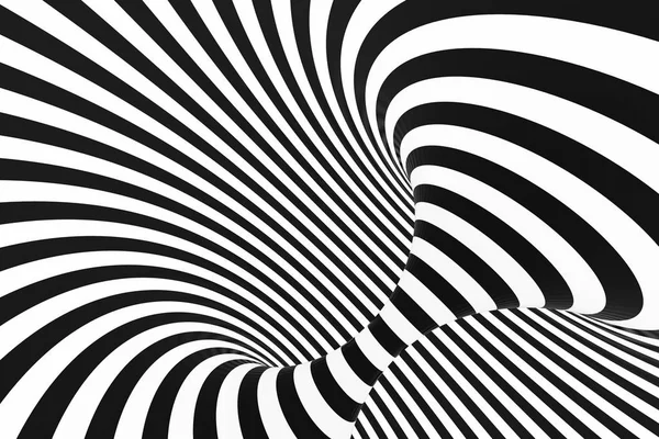 Black and white spiral tunnel. Striped twisted hypnotic optical illusion. Abstract background. 3D render.