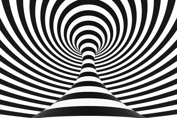 Fekete-fehér spirál alagút. Csíkos csavart hipnotikus optikai csalódás. Absztrakt háttér. 3D render. — Stock Fotó