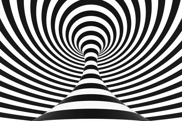 Black and white spiral tunnel. Striped twisted hypnotic optical illusion. Abstract background. 3D render.