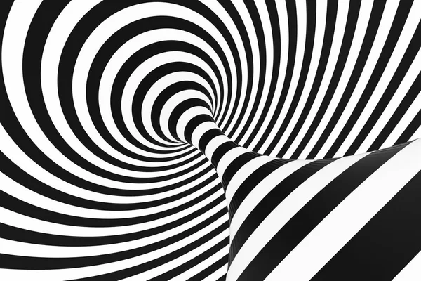Tunnel en spirale noir et blanc. Illusion optique hypnotique tordue rayée. Contexte abstrait. rendu 3D . — Photo