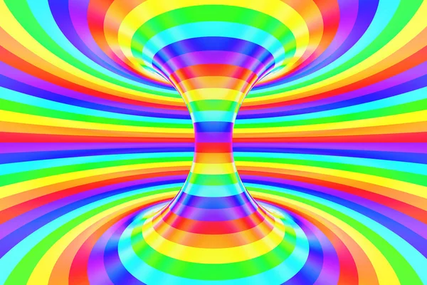 Rainbow roliga spiral tunnel. Randig tvinnade glada optisk illusion. Abstrakt bakgrund. 3D render. — Stockfoto