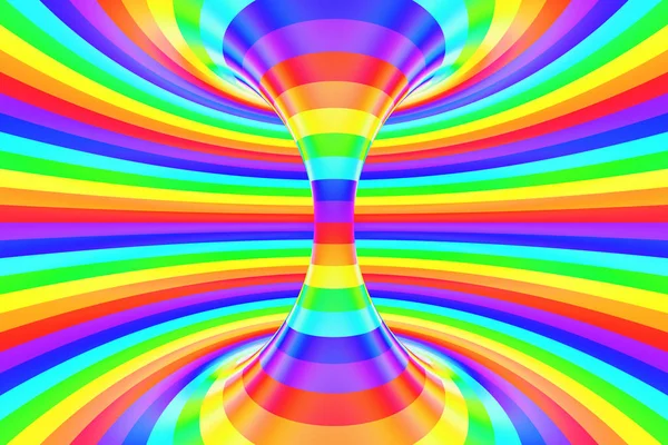 Rainbow roliga spiral tunnel. Randig tvinnade glada optisk illusion. Abstrakt bakgrund. 3D render. — Stockfoto