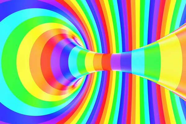 Arco iris divertido túnel espiral. Ilusión óptica alegre retorcida a rayas. Fondo abstracto. Renderizado 3D . — Foto de Stock
