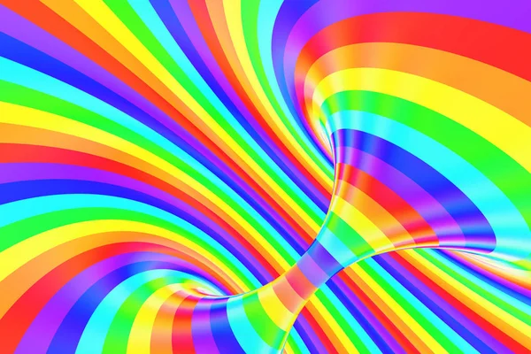 Túnel espiral engraçado arco-íris. Ilusão óptica alegre torcida listrada. Fundo abstrato. Renderização 3D . — Fotografia de Stock