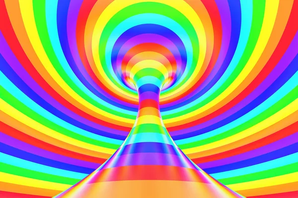 Arco iris divertido túnel espiral. Ilusión óptica alegre retorcida a rayas. Fondo abstracto. Renderizado 3D . —  Fotos de Stock