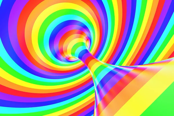 Túnel espiral engraçado arco-íris. Ilusão óptica alegre torcida listrada. Fundo abstrato. Renderização 3D . — Fotografia de Stock