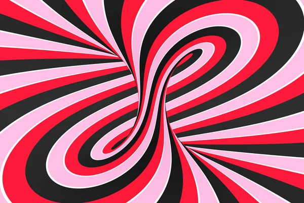 喜庆的粉红色, 红色和黑色螺旋隧道。条纹扭曲棒糖光学错觉。抽象背景。3d 渲染. — 图库照片