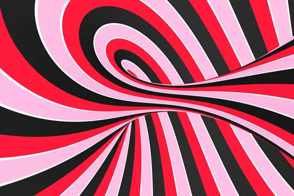 Feestelijke roze, rode en zwarte spiraal tunnel. Gestreepte gedraaide lollipop optische illusie. Abstracte achtergrond. 3D render. — Stockfoto