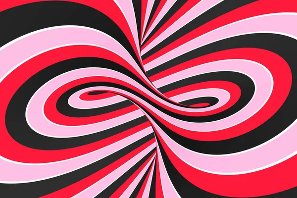 Festlig rosa, rött och svart spiral tunnel. Randig tvinnade lollipop optisk illusion. Abstrakt bakgrund. 3D render. — Stockfoto