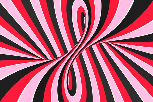 Festive pink, red and black spiral tunnel. Striped twisted lollipop optical illusion. Abstract background. 3D render. Sweet candy caramel wallpaper.