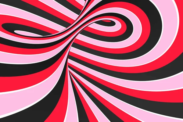 Festive pink, red and black spiral tunnel. Striped twisted lollipop optical illusion. Abstract background. 3D render.