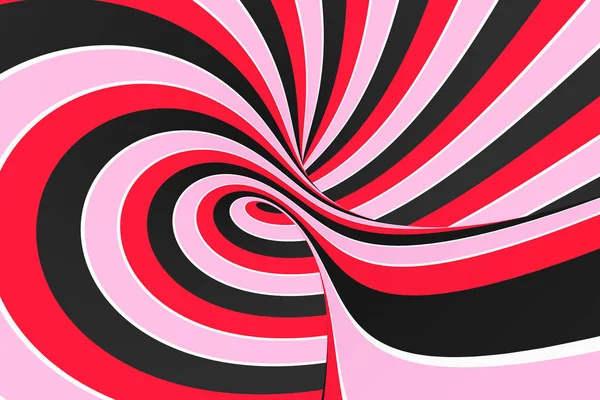 Túnel espiral festivo rosa, vermelho e preto. Ilusão óptica pirulito listrado torcido. Fundo abstrato. Renderização 3D . — Fotografia de Stock