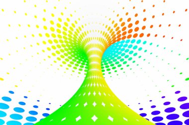 Gökkuşağı noktalı sarmal tünel. Çizgili bükülmüş benekli optik yanılsama. Soyut beyaz noktalı resim arka plan. 3D render.