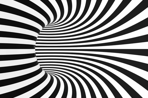 Black and white spiral tunnel. Striped twisted hypnotic optical illusion. Abstract background. 3D render.