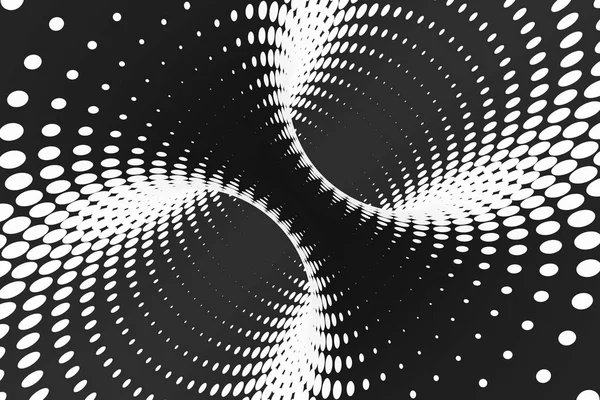 Tunnel a spirale punteggiato bianco e nero. Illusione ottica contorta a strisce. Sfondo astratto mezzitoni. Rendering 3D . — Foto Stock
