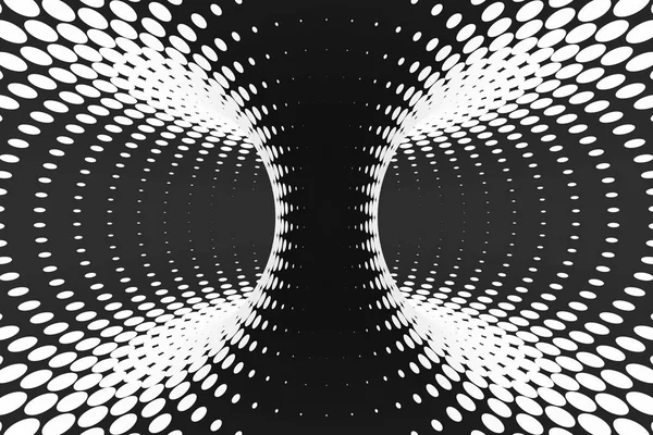 Zwart-wit gestippelde spiral tunnel. Gestreepte gedraaide gevlekte optische illusie. Abstracte halftone achtergrond. 3D render. — Stockfoto