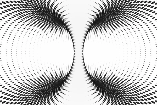 Black and white dotted spiral tunnel. Striped twisted spotted optical illusion. Abstract halftone background. 3D render. — Stock Photo, Image