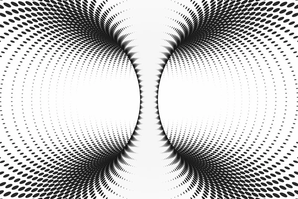 Zwart-wit gestippelde spiral tunnel. Gestreepte gedraaide gevlekte optische illusie. Abstracte halftone achtergrond. 3D render. — Stockfoto