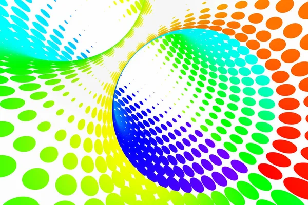 Rainbow dotted spiral tunnel. Striped twisted spotted optical illusion. Abstract white halftone background. 3D render.