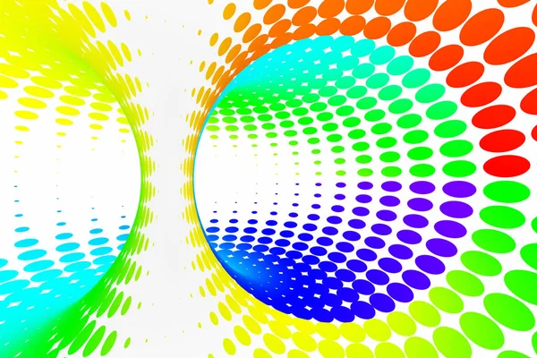 Rainbow dotted spiral tunnel. Striped twisted spotted optical illusion. Abstract white halftone background. 3D render.