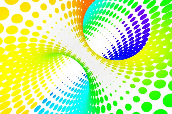 Rainbow dotted spiral tunnel. Striped twisted spotted optical illusion. Abstract white halftone background. 3D render.