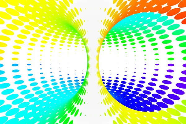 Rainbow dotted spiral tunnel. Striped twisted spotted optical illusion. Abstract white halftone background. 3D render.