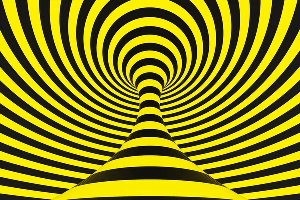 Schwarz-gelber Polizeispiraltunnel. gestreifte verdrehte hypnotische optische Täuschung. Sicherheitshintergrund. 3D-Darstellung. — Stockfoto