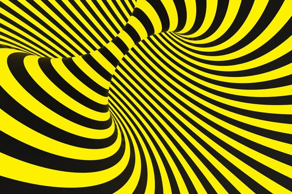 Fekete és sárga rendőrségi spirál alagút. Csíkos csavart hipnotikus optikai csalódás. Figyelmeztetés biztonsági háttér. 3D render. — Stock Fotó