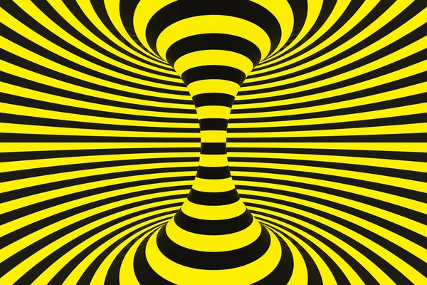 Túnel espiral policial preto e amarelo. Ilusão óptica hipnótica retorcida listrada. Aviso de segurança. Renderização 3D . — Fotografia de Stock